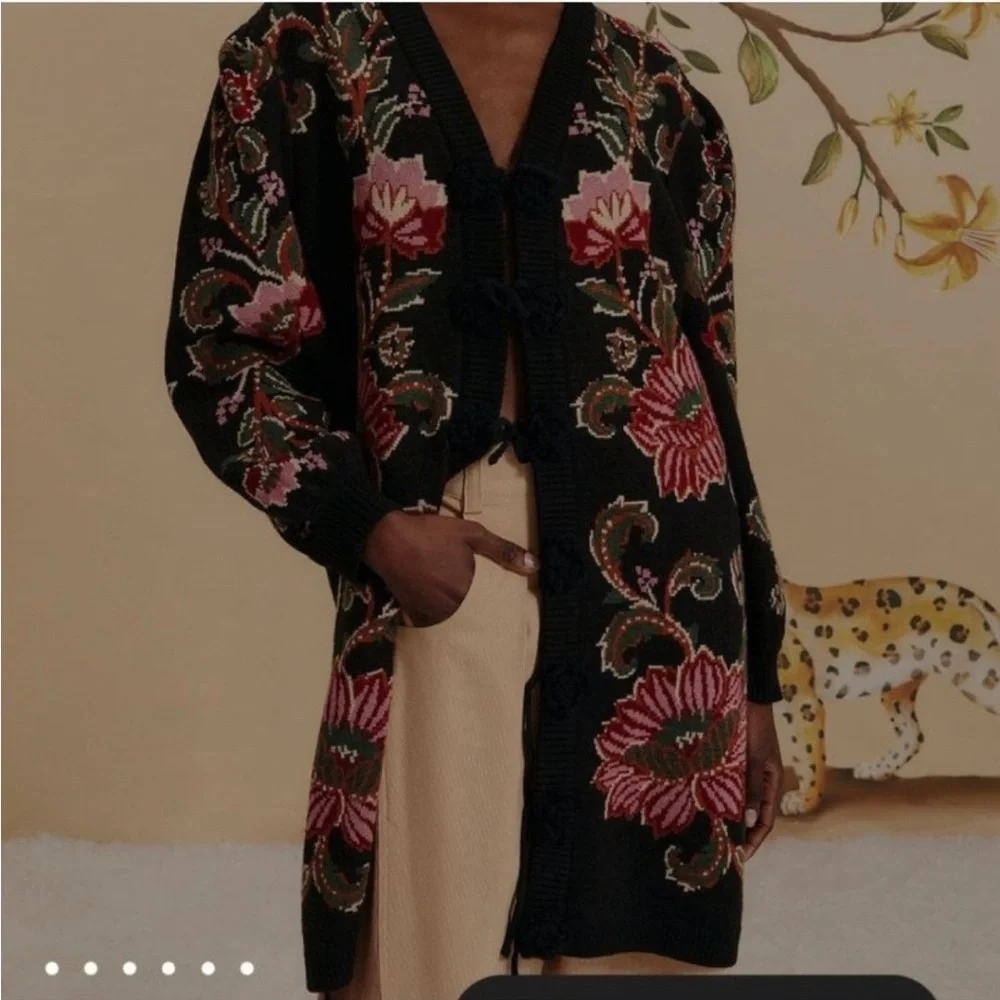 Floral Embroidered Black Cardigan - Picture 3 of 10